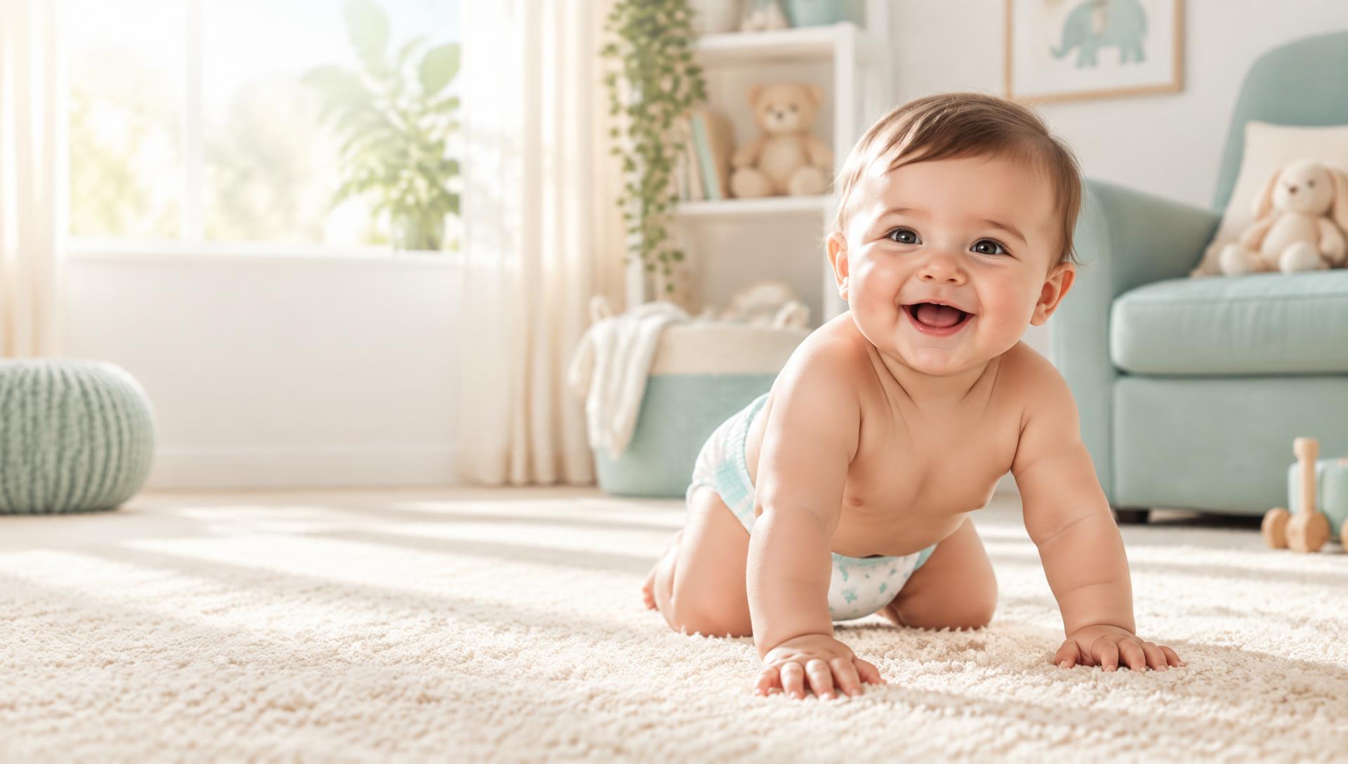 A happy baby crawling on a soft cream carpet in a Bebe Fabilo diaper