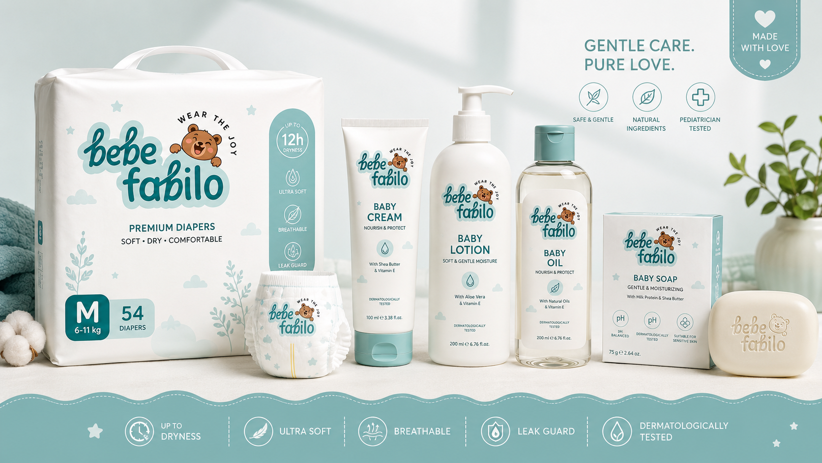 Bebe Fabilo diaper pack with baby cream, lotion, oil and soap
